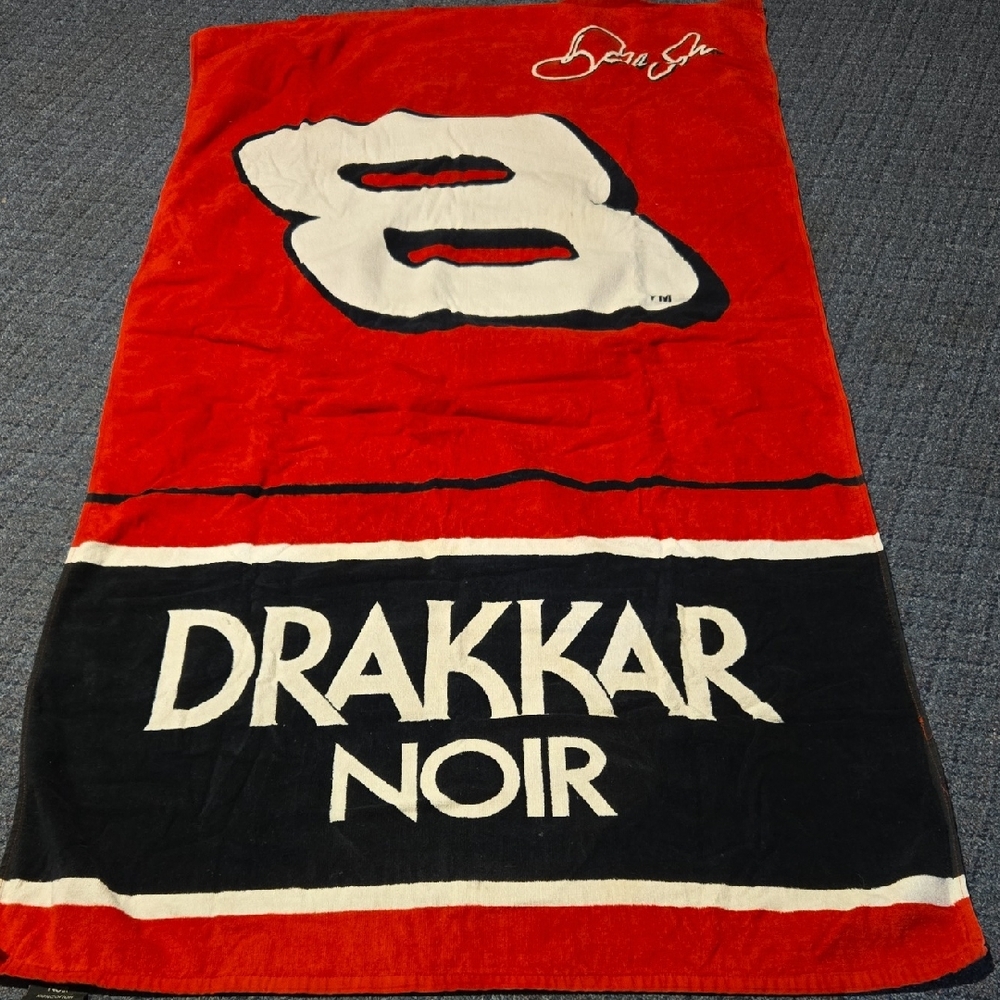 Dale Ernhardt Jr. Vintage Red and Black Beach Towel with Drakkar Noir Logo